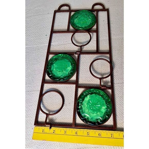 Vintage Wall Hanging Metal 3 Light Votive Candle Holder Green Glass 16” - Picture 8 of 8